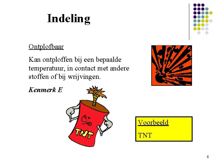 Indeling Ontplofbaar Kan ontploffen bij een bepaalde temperatuur, in contact met andere stoffen of