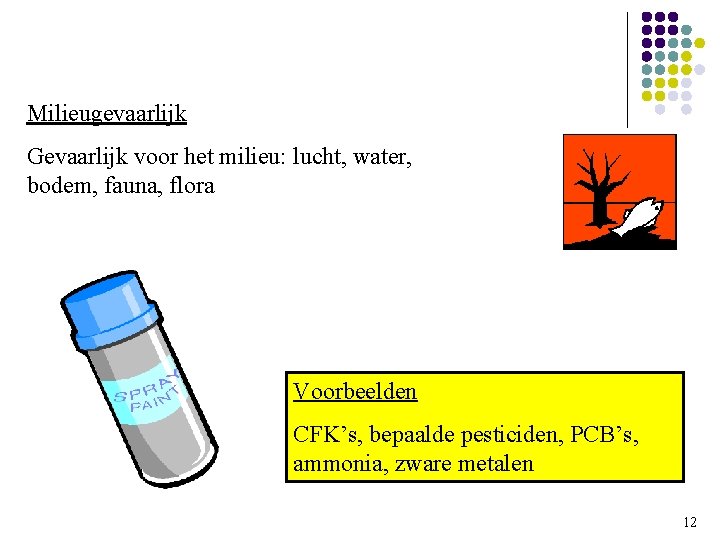 Milieugevaarlijk Gevaarlijk voor het milieu: lucht, water, bodem, fauna, flora Voorbeelden CFK’s, bepaalde pesticiden,