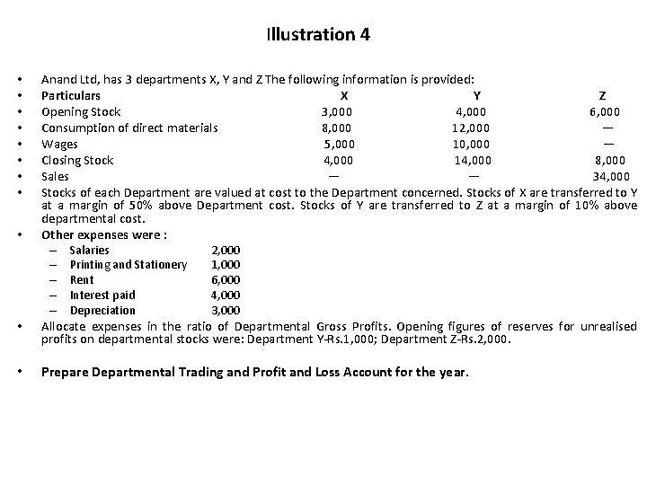 Illustration 4 • • • Anand Ltd, has 3 departments X, Y and Z