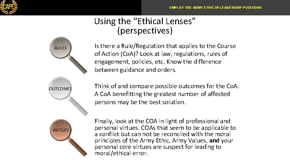 EMPLOY THE ARMY ETHIC IN LEADERSHIP POSITIONS Using the “Ethical Lenses” (perspectives) RULES OUTCOMES