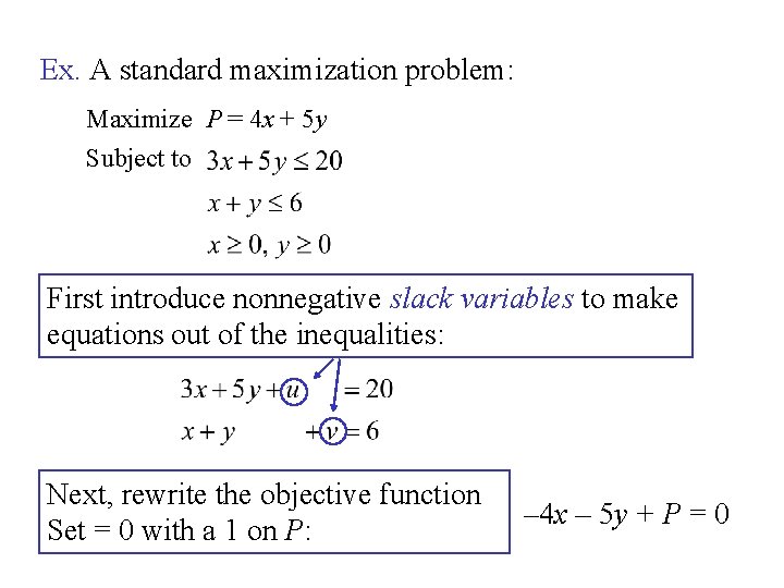 Ex. A standard maximization problem: Maximize P = 4 x + 5 y Subject