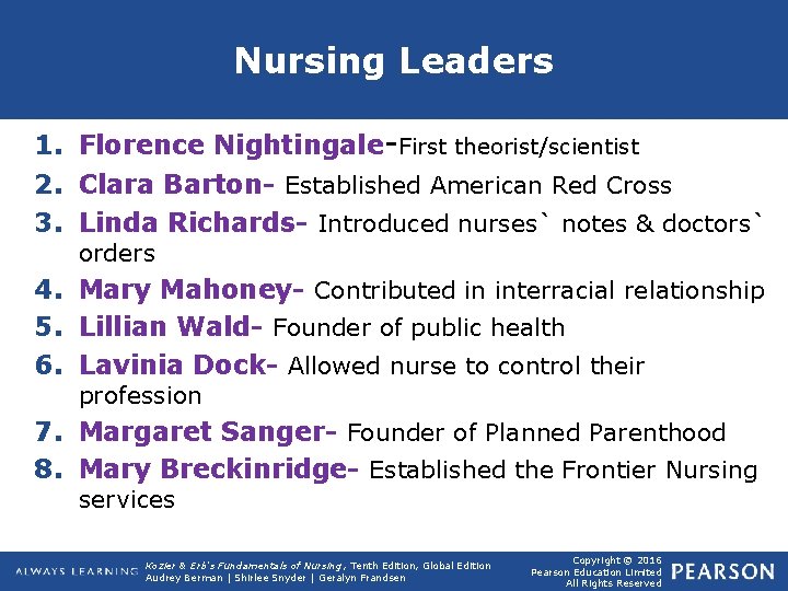 Nursing Leaders 1. Florence Nightingale-First theorist/scientist 2. Clara Barton- Established American Red Cross 3.