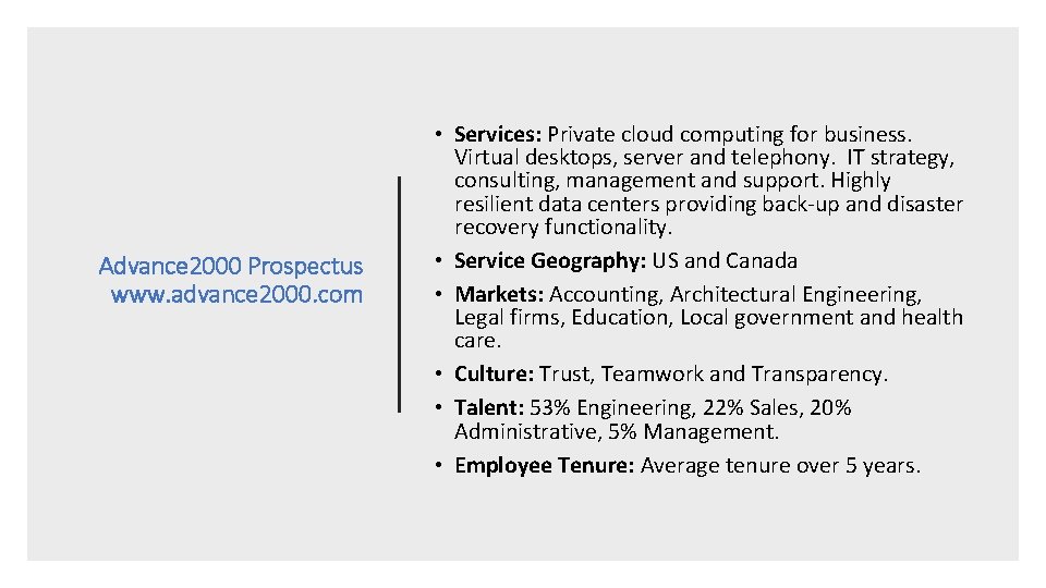 Advance 2000 Prospectus www. advance 2000. com • Services: Private cloud computing for business.