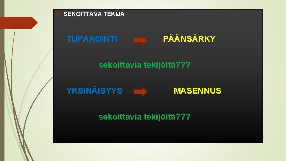  SEKOITTAVA TEKIJÄ TUPAKOINTI PÄÄNSÄRKY sekoittavia tekijöitä? ? ? YKSINÄISYYS MASENNUS sekoittavia tekijöitä? ?