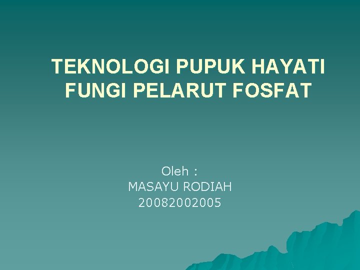 TEKNOLOGI PUPUK HAYATI FUNGI PELARUT FOSFAT Oleh : MASAYU RODIAH 20082002005 