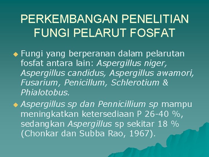 PERKEMBANGAN PENELITIAN FUNGI PELARUT FOSFAT Fungi yang berperanan dalam pelarutan fosfat antara lain: Aspergillus
