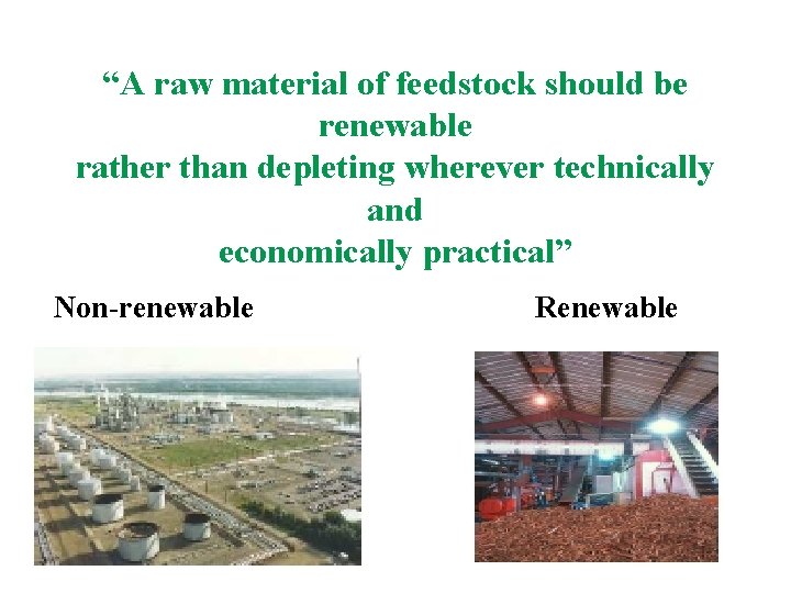 “A raw material of feedstock should be renewable rather than depleting wherever technically and