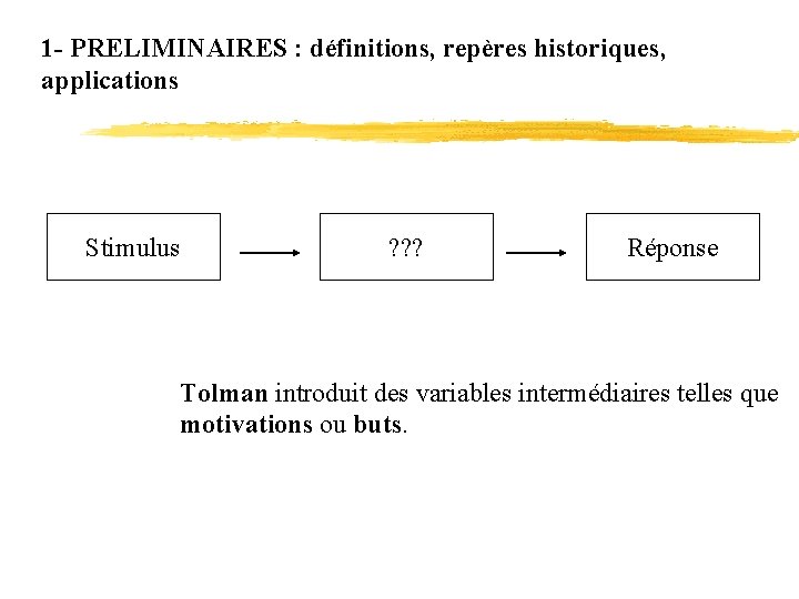 1 - PRELIMINAIRES : définitions, repères historiques, applications Stimulus ? ? ? Réponse Tolman