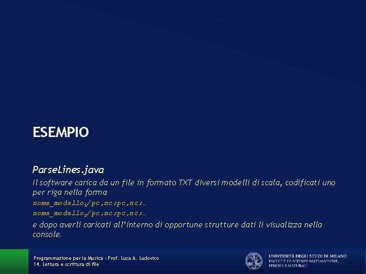 ESEMPIO Parse. Lines. java Il software carica da un file in formato TXT diversi