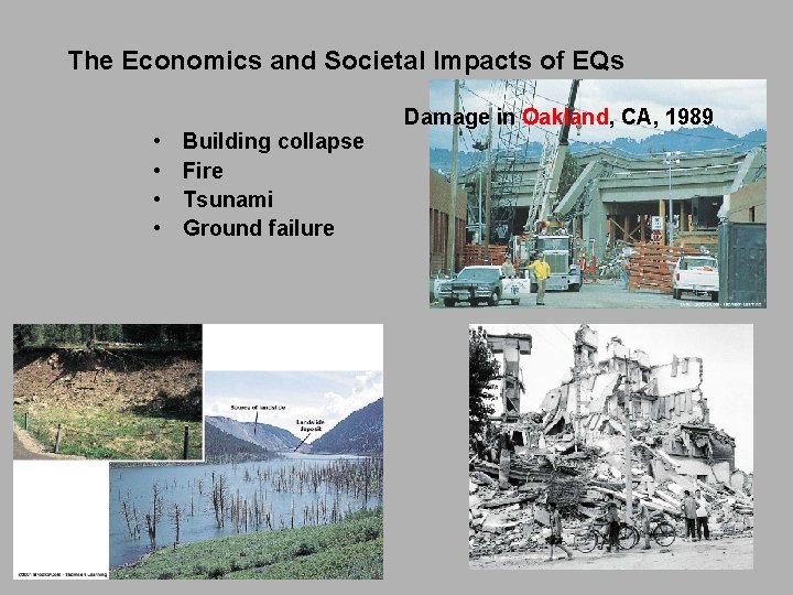 The Economics and Societal Impacts of EQs • • Building collapse Fire Tsunami Ground