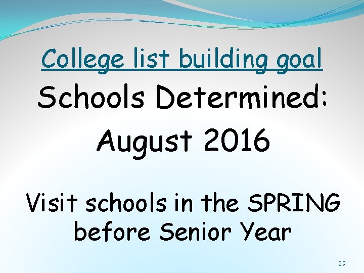 College list building goal Schools Determined: August 2016 Visit schools in the SPRING before