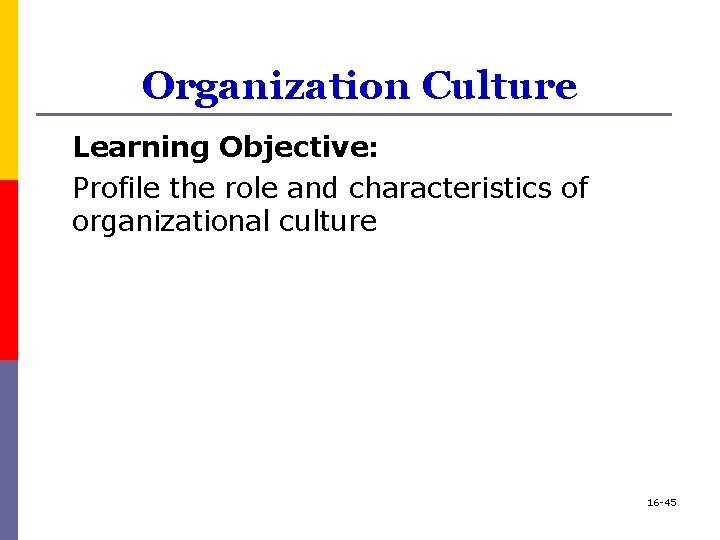 Organization Culture Learning Objective: Profile the role and characteristics of organizational culture 16 -45