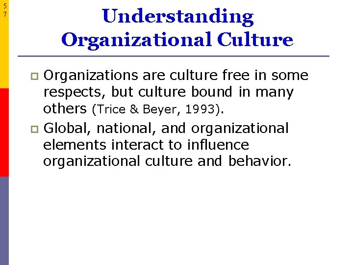 5 7 Understanding Organizational Culture Organizations are culture free in some respects, but culture