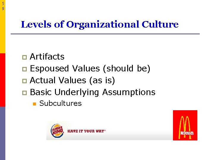 5 9 Levels of Organizational Culture Artifacts p Espoused Values (should be) p Actual