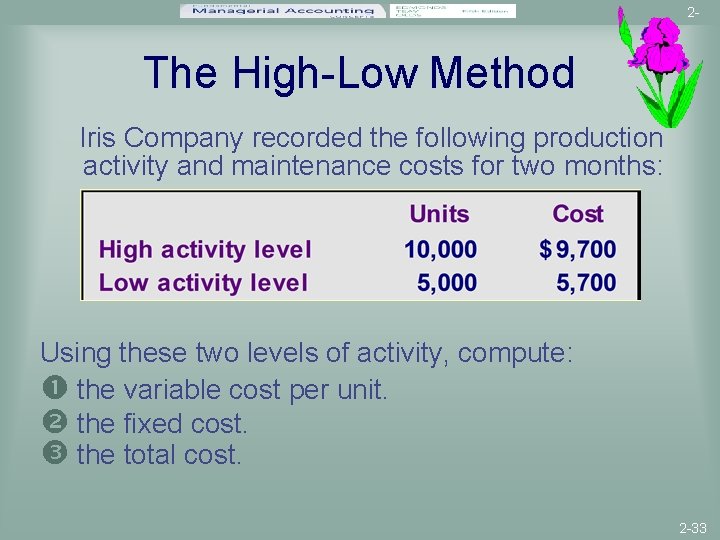 2 - The High-Low Method Iris Company recorded the following production activity and maintenance
