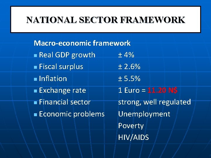 NATIONAL SECTOR FRAMEWORK Macro-economic framework n Real GDP growth ± 4% n Fiscal surplus
