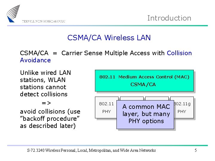 Introduction CSMA/CA Wireless LAN CSMA/CA = Carrier Sense Multiple Access with Collision Avoidance Unlike