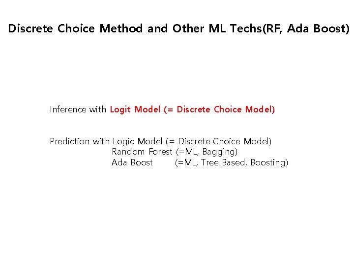 Discrete Choice Method and Other ML Techs(RF, Ada Boost) Inference with Logit Model (= Discrete Choice Method and Other ML Techs(RF, Ada Boost) Inference with Logit Model (=