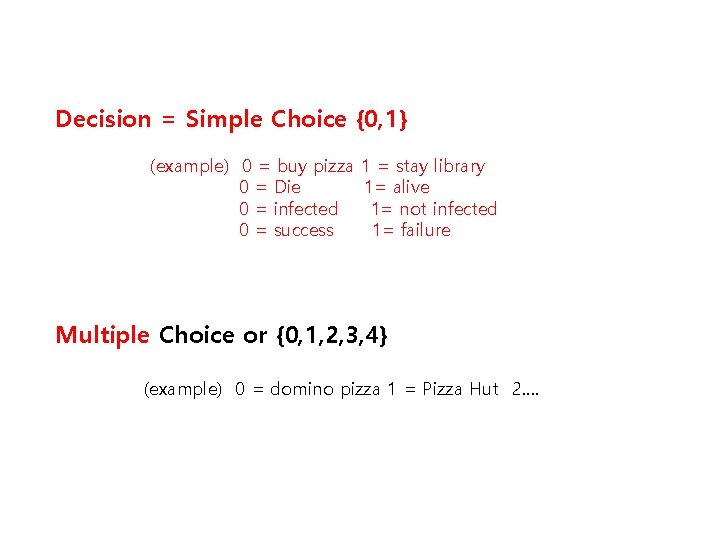 Decision = Simple Choice {0, 1} (example) 0 = buy pizza 0 = Die Decision = Simple Choice {0, 1} (example) 0 = buy pizza 0 = Die