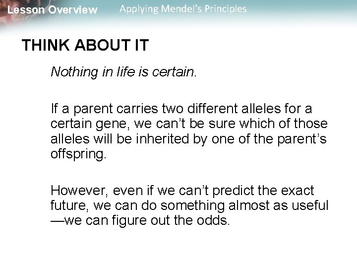 Lesson Overview Applying Mendel’s Principles THINK ABOUT IT Nothing in life is certain. If