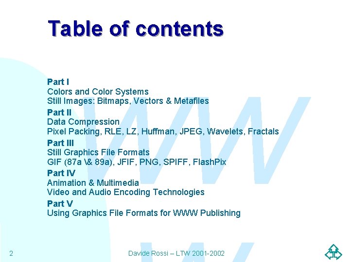 Table of contents WW Part I Colors and Color Systems Still Images: Bitmaps, Vectors Table of contents WW Part I Colors and Color Systems Still Images: Bitmaps, Vectors