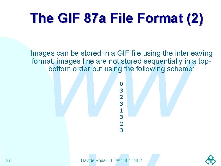 The GIF 87 a File Format (2) WW Images can be stored in a