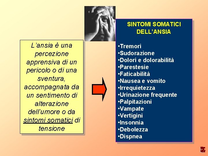 SINTOMI SOMATICI DELL’ANSIA L’ansia è una percezione apprensiva di un pericolo o di una