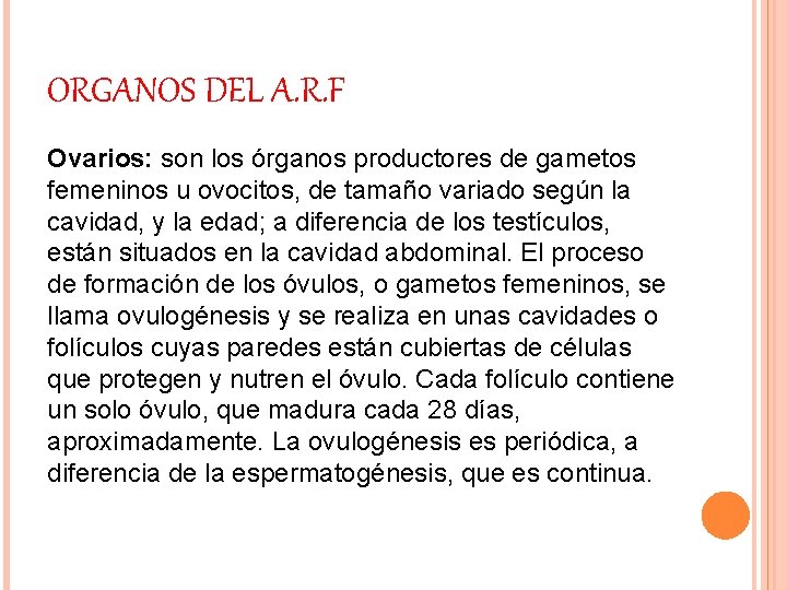 ORGANOS DEL A. R. F Ovarios: son los órganos productores de gametos femeninos u ORGANOS DEL A. R. F Ovarios: son los órganos productores de gametos femeninos u