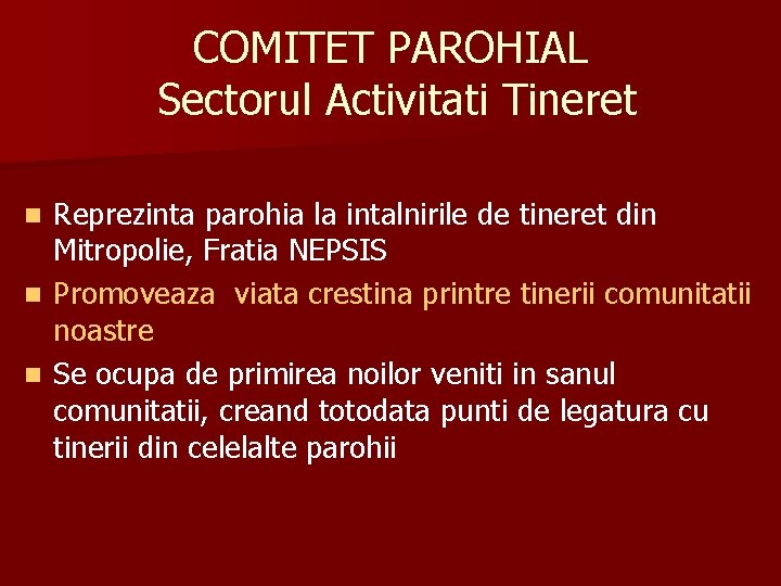 COMITET PAROHIAL Sectorul Activitati Tineret Reprezinta parohia la intalnirile de tineret din Mitropolie, Fratia COMITET PAROHIAL Sectorul Activitati Tineret Reprezinta parohia la intalnirile de tineret din Mitropolie, Fratia