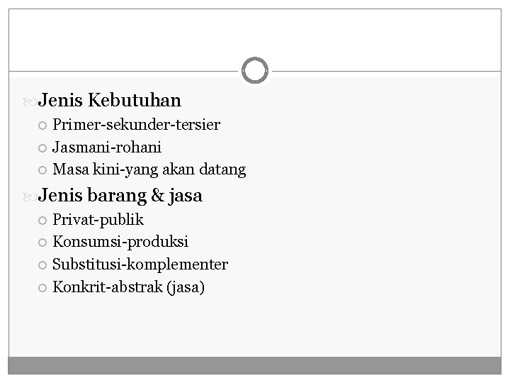  Jenis Kebutuhan Primer-sekunder-tersier Jasmani-rohani Masa kini-yang akan datang Jenis barang & jasa Privat-publik