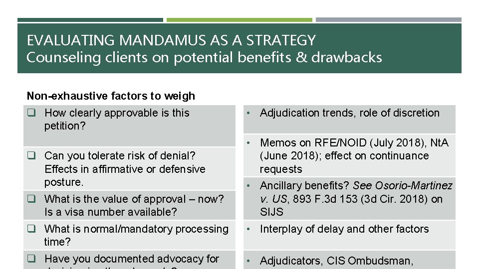 EVALUATING MANDAMUS AS A STRATEGY Counseling clients on potential benefits & drawbacks Non-exhaustive factors