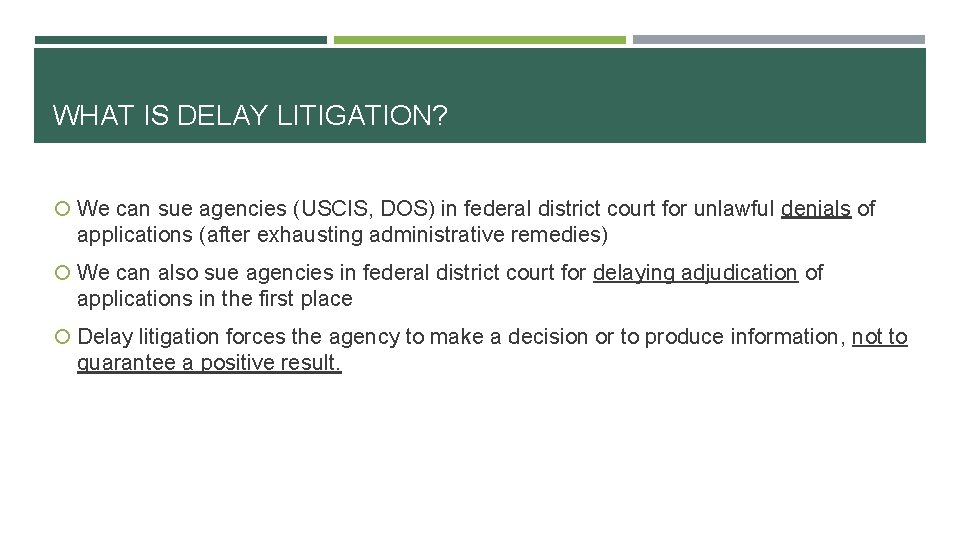 WHAT IS DELAY LITIGATION? We can sue agencies (USCIS, DOS) in federal district court