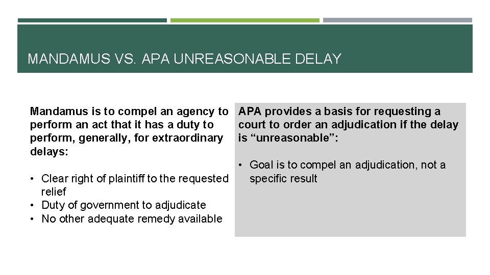 MANDAMUS VS. APA UNREASONABLE DELAY Mandamus is to compel an agency to APA provides