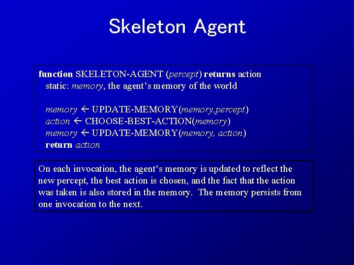 Skeleton Agent function SKELETON-AGENT (percept) returns action static: memory, the agent’s memory of the