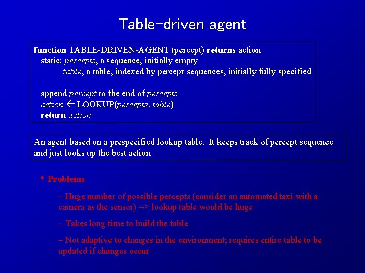Table-driven agent function TABLE-DRIVEN-AGENT (percept) returns action static: percepts, a sequence, initially empty table,