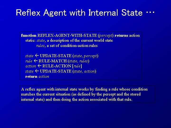 Reflex Agent with Internal State … function REFLEX-AGENT-WITH-STATE (percept) returns action static: state, a