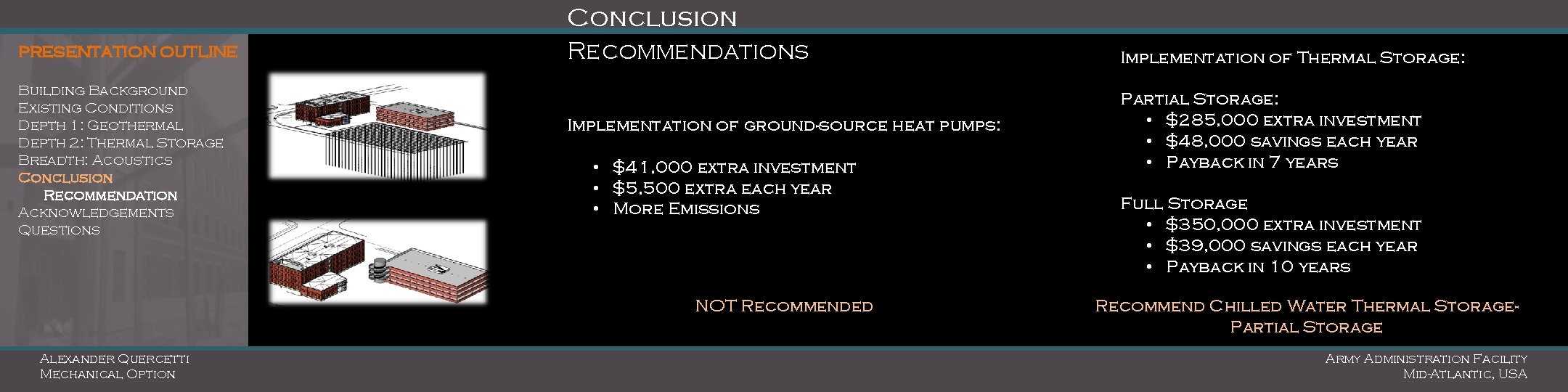 Conclusion PRESENTATION OUTLINE Building Background Existing Conditions Depth 1: Geothermal Depth 2: Thermal Storage