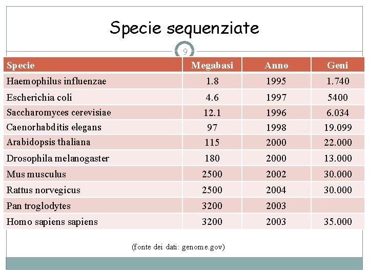 Specie sequenziate 9 Specie Megabasi Anno Geni Haemophilus influenzae 1. 8 1995 1. 740