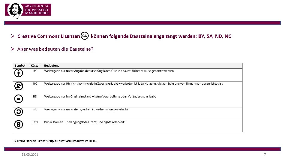 Ø Creative Commons Lizenzen können folgende Bausteine angehängt werden: BY, SA, ND, NC Ø