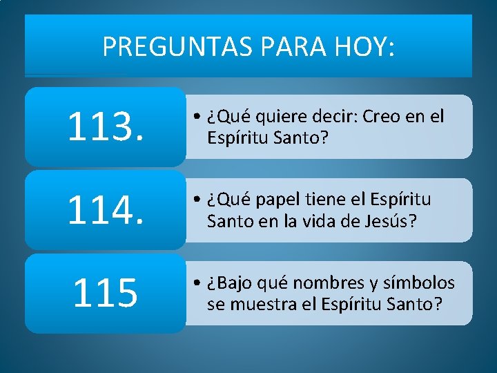 PREGUNTAS PARA HOY: 113. • ¿Qué quiere decir: Creo en el Espíritu Santo? 114.