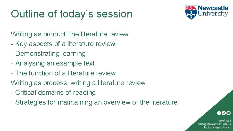Outline of today’s session Writing as product: the literature review - Key aspects of