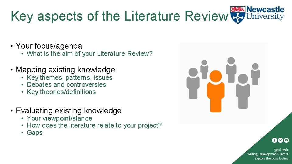 Key aspects of the Literature Review • Your focus/agenda • What is the aim