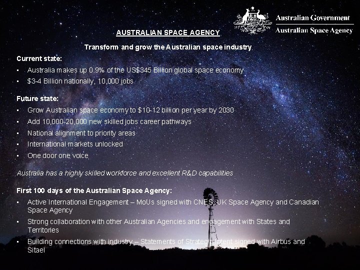 Background AUSTRALIAN SPACE AGENCY Transform and grow the Australian space industry Current state: •