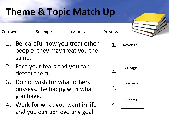 Theme & Topic Match Up Courage Revenge Jealousy 1. Be careful how you treat