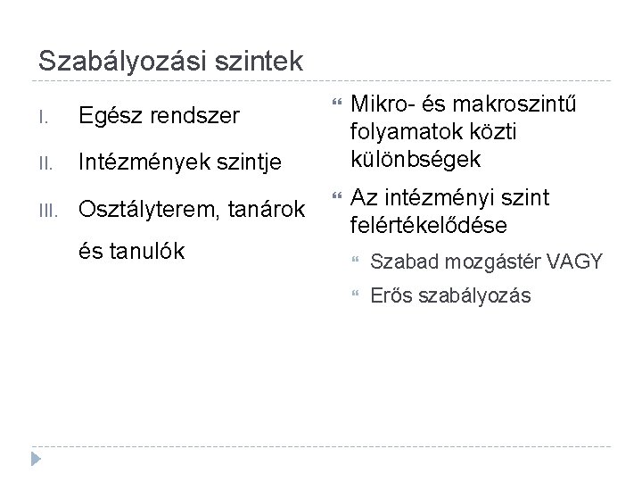 Szabályozási szintek I. Egész rendszer II. Intézmények szintje III. Osztályterem, tanárok és tanulók Mikro-