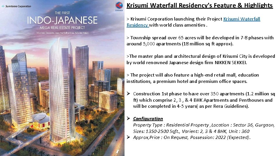 Krisumi Waterfall Residency’s Feature & Highlights > Krisumi Corporation launching their Project Krisumi Waterfall Krisumi Waterfall Residency’s Feature & Highlights > Krisumi Corporation launching their Project Krisumi Waterfall