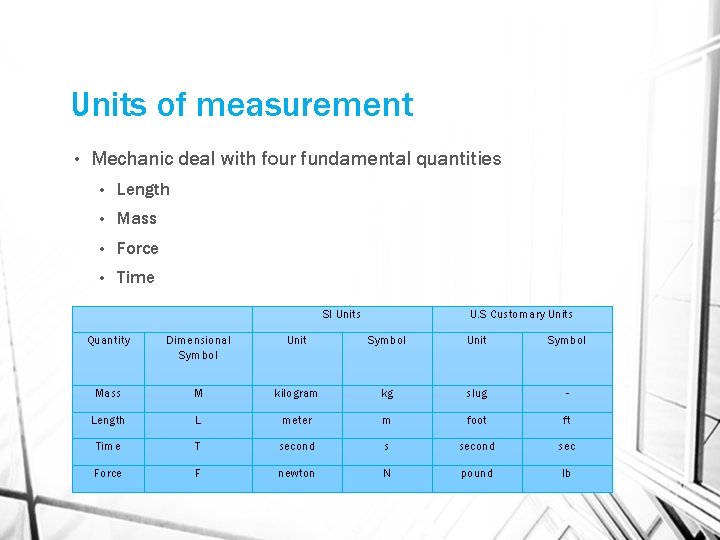 Units of measurement • Mechanic deal with four fundamental quantities • Length • Mass