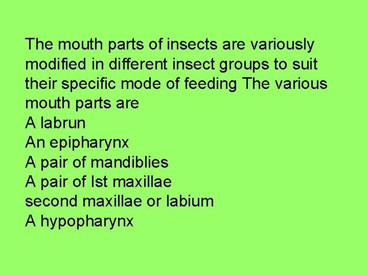 The mouth parts of insects are variously modified in different insect groups to suit