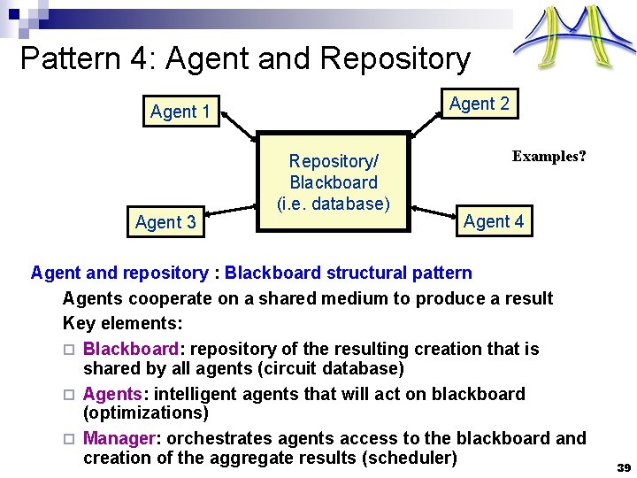 Pattern 4: Agent and Repository Agent 2 Agent 1 Agent 3 Repository/ Blackboard (i.