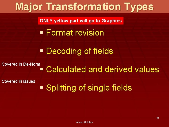 Major Transformation Types ONLY yellow part will go to Graphics § Format revision §